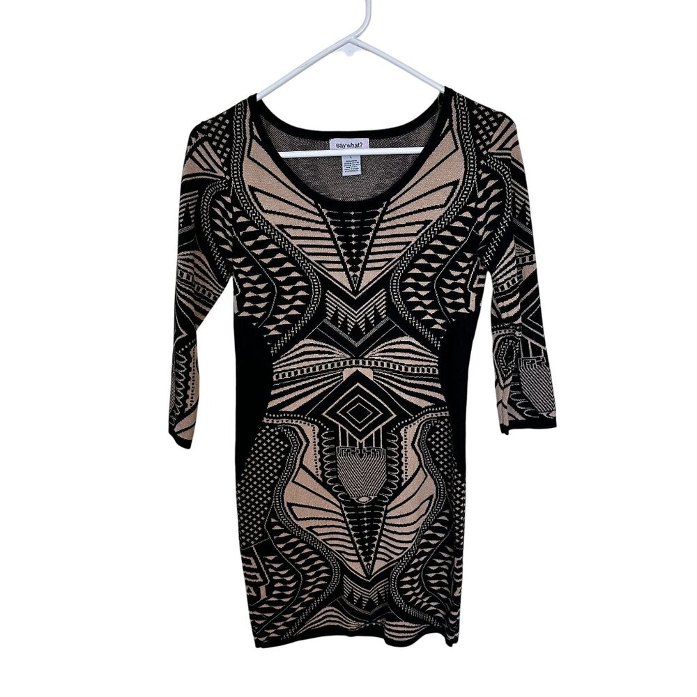 Say What? Womens Tribal Print Mini Sweater Dress Black & Beige Large Crew Neck